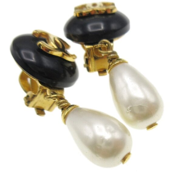 Chanel Artificial Pearl Dangle Earrings Clip-On Black 96P 28573 - Picture 2 of 5